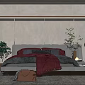 Modern Bedroom Interior With Gray Bed Red Blanket Pillows Green Plants And Soft Rug