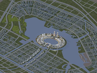 Comprehensive Aerial Urban Planning Featuring Central Island Lake Building Complex And Grid Residential Areas 3d model