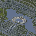Comprehensive Aerial Urban Planning Featuring Central Island Lake Building Complex And Grid Residential Areas