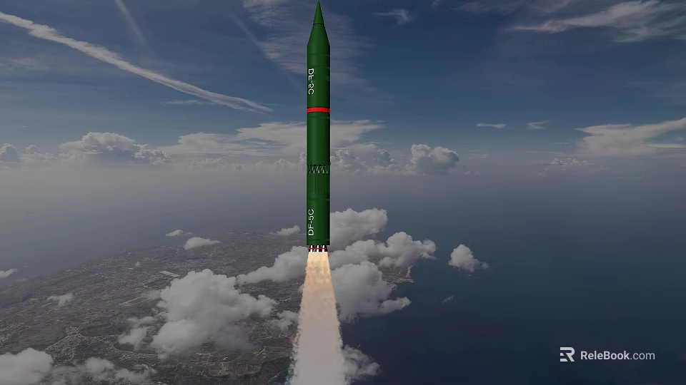 Green Missile Flying With Rocket Exhaust Over Ocean And Land Under Cloudy Sky 3d model 