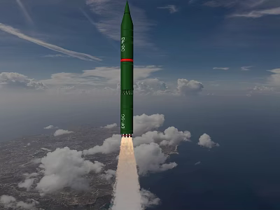 Green Missile Flying With Rocket Exhaust Over Ocean And Land Under Cloudy Sky 3d model