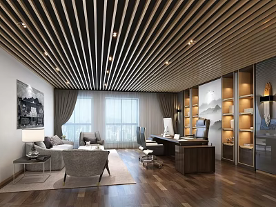 Modern Office Interior Design With Wooden Slat Ceiling Desk Sofa Bookshelves And Large Windows 3d model