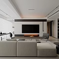 Modern Living Dining Room With Beige Sofa Black Armchair Glass Coffee Table TV Wall Fireplace