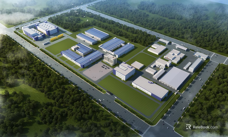Industrial Factory Complex With Multiple Buildings Green Spaces And Road Network Layout 3d model 