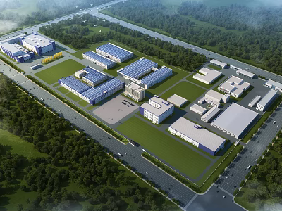 Industrial Factory Complex With Multiple Buildings Green Spaces And Road Network Layout 3d model