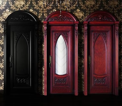 Vintage Carved Hinged Doors in Black and Red with Glass Panel Details 3d model