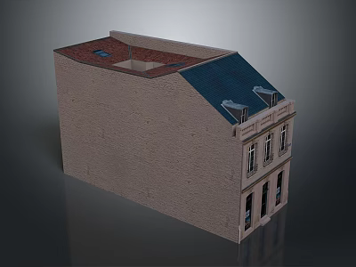 Brick Building Exterior With Sloped Red And Blue Roof Windows And Doors 3d model
