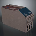 Brick Building Exterior With Sloped Red And Blue Roof Windows And Doors