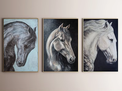 Three Framed Horse Portrait Paintings in Monochrome Tones as Wall Art Decor 3d model