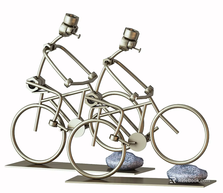 Creative Metal Bicycle Shaped Ornament Decoration Set with Little Rider Figures and Stone Bases 3d model 