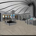 Modern Service Hall Interior with Curved Ceiling Marble Floor Reception Desk and Seating Area
