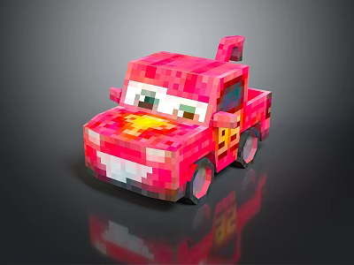 Cute Pixel Style Pink Truck Shaped Doll With Big Eyes And Reflection 3d model