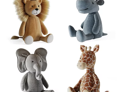 Cute Stuffed Animal Plush Toys Featuring Lion Hippo Elephant And Giraffe 3d model