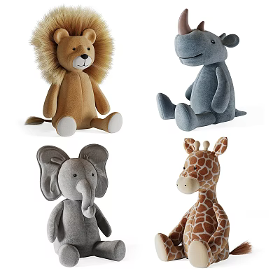 Cute Stuffed Animal Plush Toys Featuring Lion Hippo Elephant And Giraffe 3d model