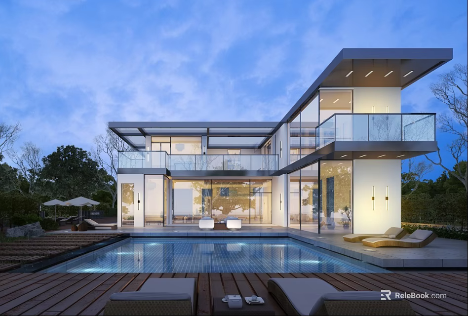 Modern Detached Villa Featuring Large Glass Windows Swimming Pool Outdoor Lounge and Blue Sky View 3d model 