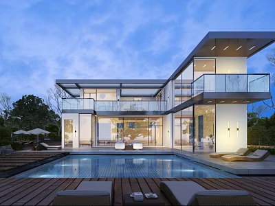 Modern Detached Villa Featuring Large Glass Windows Swimming Pool Outdoor Lounge and Blue Sky View 3d model