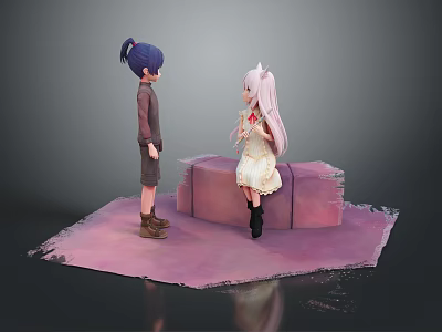 Anime Style Woman Sitting On Pink Platform With Long Pink Hair And White Dress 3d model