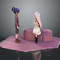 Anime Style Woman Sitting On Pink Platform With Long Pink Hair And White Dress