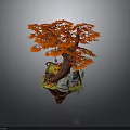 Decorative Orange Leaf Tree With Rocks And Small Plants On Wooden Base