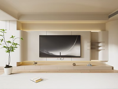 Modern TV Wall Design With Wooden Panel LED Lighting And Floating Shelves 3d model