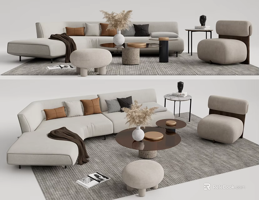 Modern Sofa Coffee Table Set With Pillows Throw Blanket Side Table And Decorative Plants 3d model 