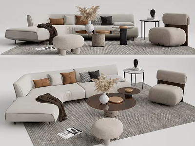 Modern Sofa Coffee Table Set With Pillows Throw Blanket Side Table And Decorative Plants 3d model
