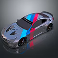 Sleek Silver Gray Sports Car With Blue Red Stripes And Black Wheels
