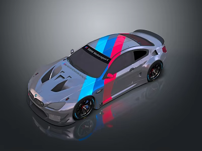 Sleek Silver Gray Sports Car With Blue Red Stripes And Black Wheels 3d model