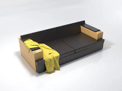 Modern Two-Seater Sofa with Black Quilted Design Wooden Frame and Yellow Blanket 3d model