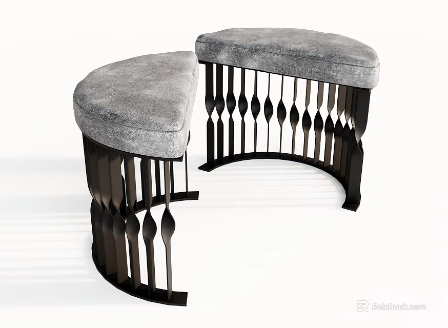 Modern Curved Stools With Gray Padded Seats And Black Metal Geometric Frames 3d model 