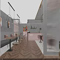Modern Bubble Tea Shop Interior With Herringbone Wooden Floor Hanging Lights Pink Counter And Cactus Plants
