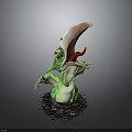 Mythical Green Creature Standing In Nest With Long Beak And Large Eyes