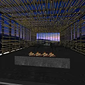 Bamboo Themed Restaurant Interior With Ceiling Strips Lighting Stone Countertop And Night View