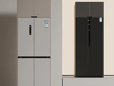 Modern Gray and Black Refrigerator Cabinet Design with Sleek Double Doors for Home Kitchen Interior 3d model