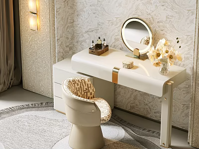 Elegant White Dressing Table With Round Mirror Leopard Print Chair And Flower Vase 3d model