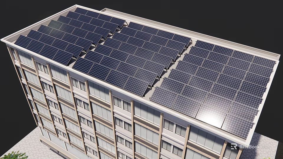 Solar Panels Array On Modern Building Roof For Renewable Energy Generation 3d model 