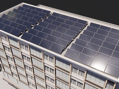Solar Panels Array On Modern Building Roof For Renewable Energy Generation 3d model