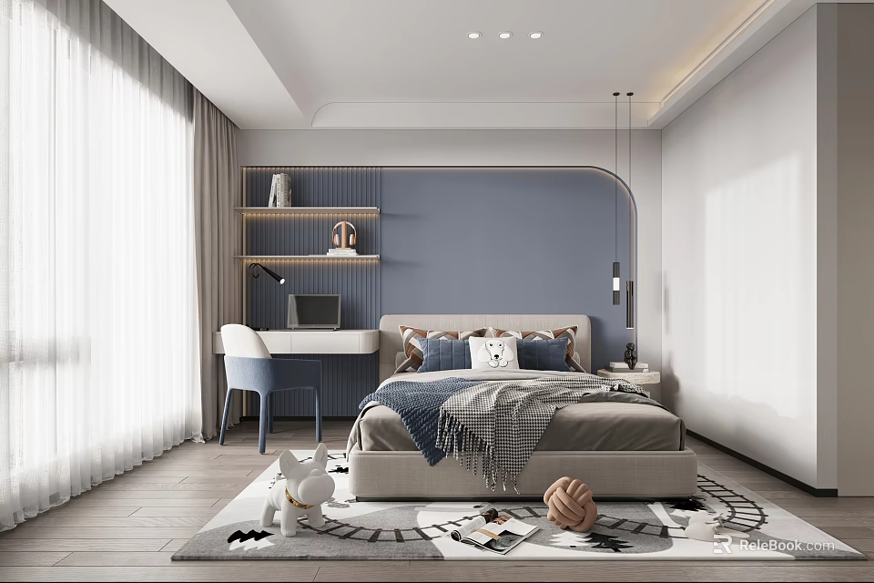 Modern Kids Room Interior With Blue Walls Desk Bookshelf Bed And Area Rug 3d model 