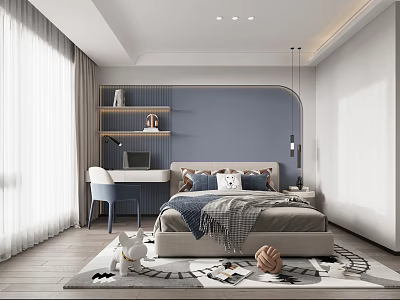 Modern Kids Room Interior With Blue Walls Desk Bookshelf Bed And Area Rug 3d model