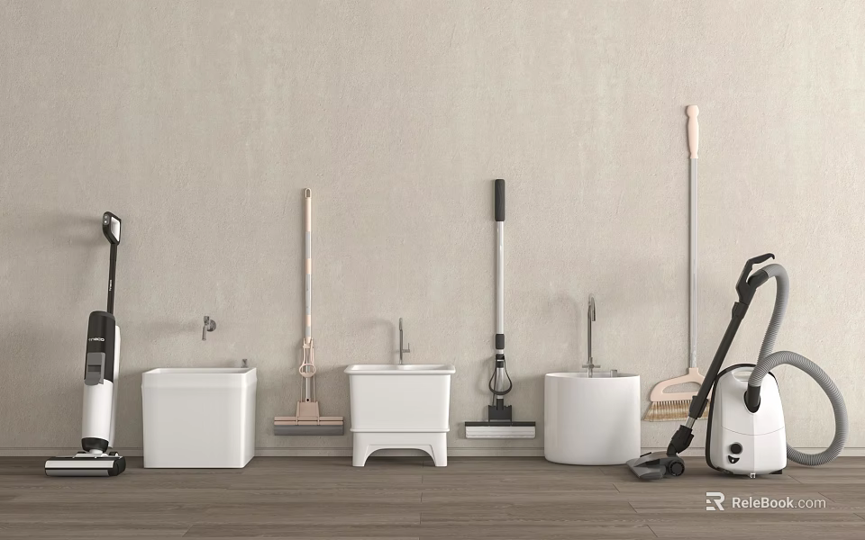 Cleaning Tools And Buckets Arranged Against Light Colored Wall On Wooden Floor 3d model 