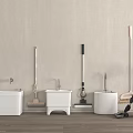 Cleaning Tools And Buckets Arranged Against Light Colored Wall On Wooden Floor