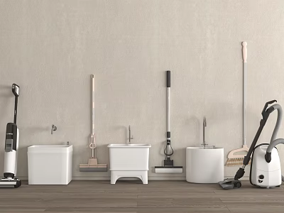 Cleaning Tools And Buckets Arranged Against Light Colored Wall On Wooden Floor 3d model