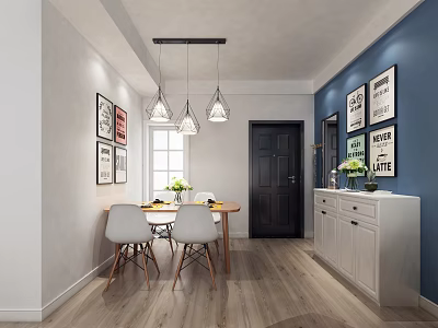 Modern Dining Room With White Blue Walls Posters Wooden Table Gray Chairs Pendant Lights 3d model