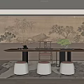 Modern Tea Room Interior With Landscape Painting Backdrop Long Wooden Table And Green Plants