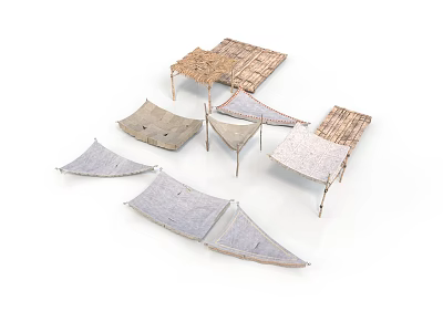 Outdoor Shelter Structures With Fabric Covers Wooden Frames And Thatch Roof Designs For Camping 3d model