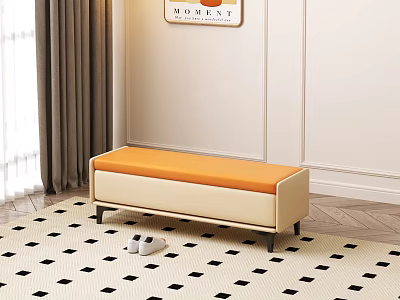 Orange And Beige Bench On Black White Checkered Rug With Shoes And Modest Wall Art 3d model
