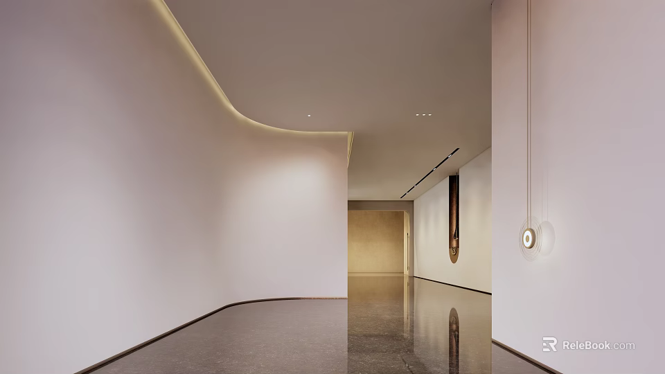 Spacious Hotel Corridor Featuring Warm Ambient Lighting Smooth Polished Floor And Minimalist Wall Decor 3d model 
