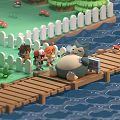 Cartoon Scene with Green Grass Trees White Fence Wooden Bridge and Water