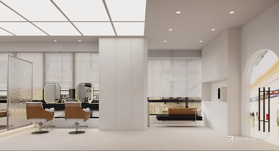 Modern Beauty Hair Salon With Open Layout White Tone Hairdressing Chairs Mirrors And Sofa 3d model 