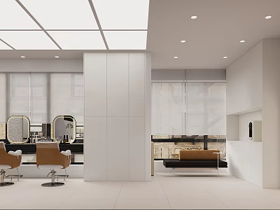 Modern Beauty Hair Salon With Open Layout White Tone Hairdressing Chairs Mirrors And Sofa 3d model